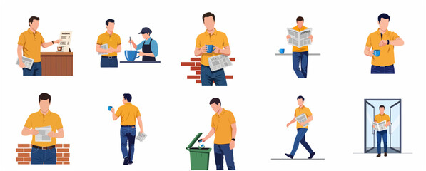 Fototapeta premium Set of Flat Vector Illustrations Depicting a Man's Morning Routine with Coffee and Newspaper