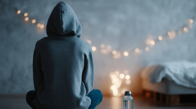 Person in hoodie sitting alone indoors