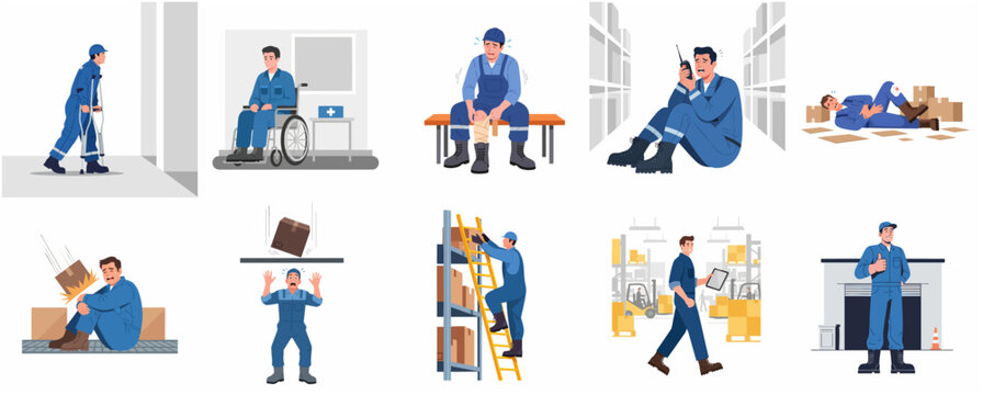 Warehouse worker workplace accidents and safety insurance concept illustrations set