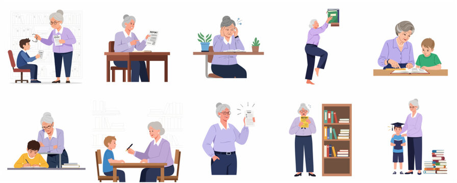 Set of elderly teacher or grandmother characters teaching, tutoring, and interacting with a schoolboy in various educational scenes, from scolding to celebrating success