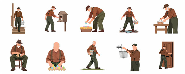 Farmer collecting eggs set, flat vector illustration of elderly man harvesting fresh eggs and organizing easter eggs on the farm. © Rajawali
