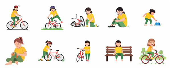 Fototapeta premium Vector illustration set of a little girl falling off her bike, getting a scraped knee, receiving first aid, and learning to ride successfully
