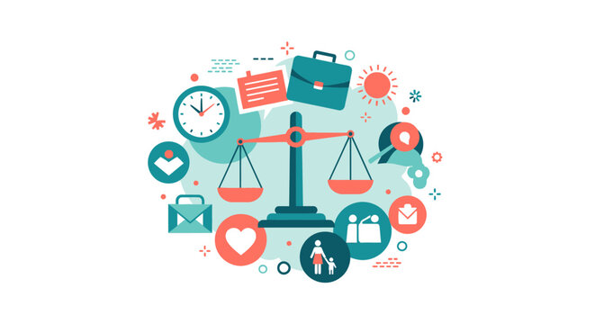 Work Life Balance Illustration with Scale, Family, and Business Icons. Flat Vector Concept for Time Management, Mental Health, and Professional Growth.