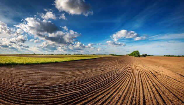 vast agricultural landscape with freshly plowed fields under a blue sky adorned with fluffy white clouds
