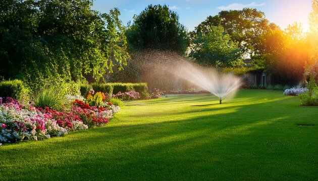 lush green garden with vibrant flowers and an automatic sprinkler system watering the lawn during a sunny afternoon