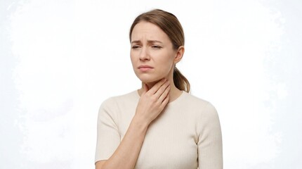 Fototapeta premium Young woman suffering from sore throat pain on white background