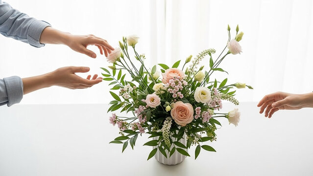 Hands Reaching for Elegant Floral Arrangement