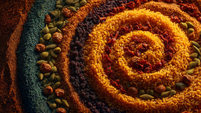 Vibrant spiral display of rice, seeds, and dried herbs in detailed close-up