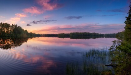 Fototapeta premium a still and tranquil lake water surface reflecting the soft colors of the sky at dawn with subtle ripples creating a sense of harmony and peace