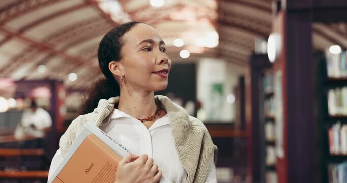 College, woman or walking with books in library for thesis research, study resources or education. University student, person or search textbooks on campus for PHD assignment, knowledge or literature