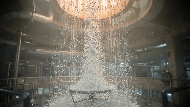 Medium angle view capturing ammonium nitrate prilling in action showcasing the cooling and solidification within the towering structure.