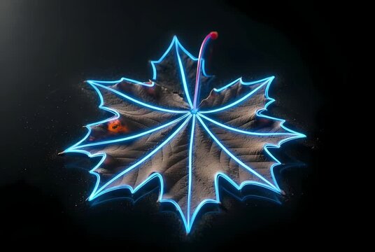 Abstract glowing neon blue autumn maple leaf shape on dark reflective background, digital art