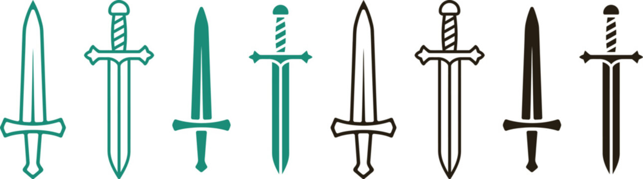 Set of various medieval sword icons and blade designs in green and black colors