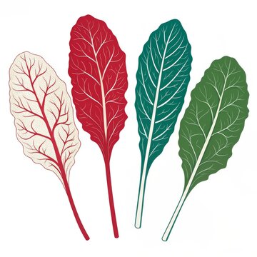 Four colorful beet leaves isolated on white background, vector illustration