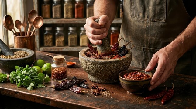 Chef grinding spices in mortar and pestle for cooking