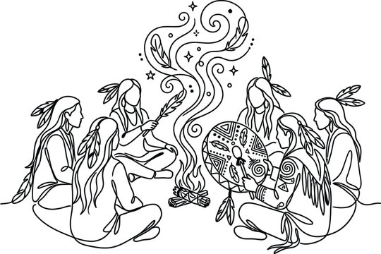 Indigenous people circle ceremony, shamanic ritual with drum and fire, spiritual gathering