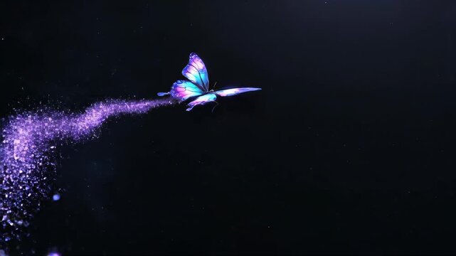 Magical glowing butterfly with sparkling purple glitter trail, dark background