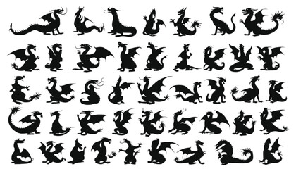 Obraz premium Dragon silhouettes in various poses are displayed in a grid pattern on a clean white background for creative design projects.