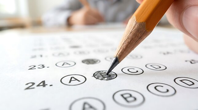 Close-up of Pencil Marking Answer on Multiple Choice Test Sheet in Classroom Setting
