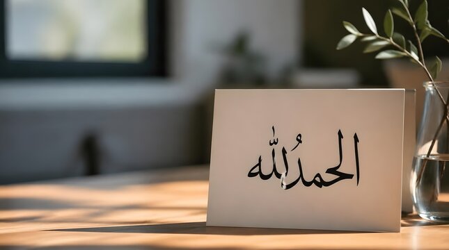Elegant Card with Arabic Calligraphy on Wooden Table