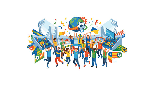 Diverse group celebrating soccer world cup with flags