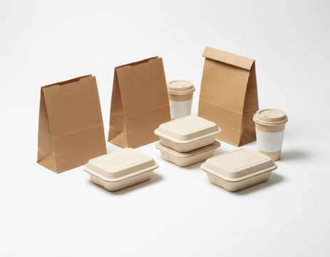 Disposable takeout containers and coffee cups on white background