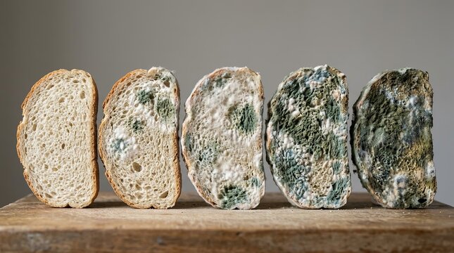 Five slices of bread showing different stages of mold growth