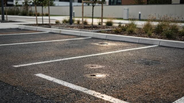 Medium shot capturing a parking bay paved with biobased asphalt binder showcasing sustainable urban infrastructure development.