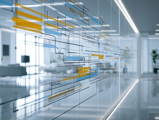 Fototapeta premium Modern Office Space with Digital Graphic Overlay on Glass Wall Display