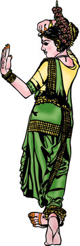 Classical Indian Bharatanatyam Dancer in Traditional Green Sari Performing Elegant Cultural Stage Dance Mudra Pose
