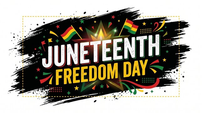 Juneteenth Freedom Day celebration banner, African American Emancipation Day graphic, Pan-African colors with flags and stars on black brush stroke