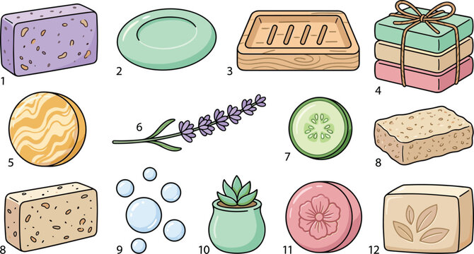Natural Soap Bar Vector Icon Set with Lavender Cucumber Sponge Wooden Dish and Bubble Elements for Organic Cosmetic and Body Care Packaging Designs