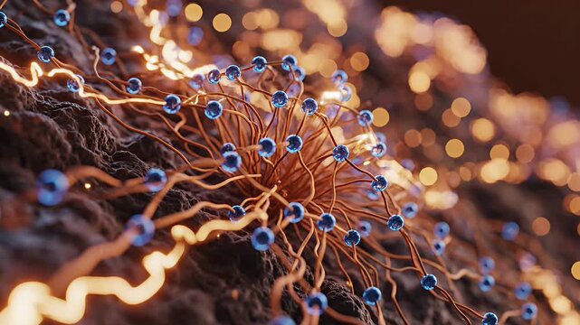 Abstract neural network fibers with glowing orange nodes.