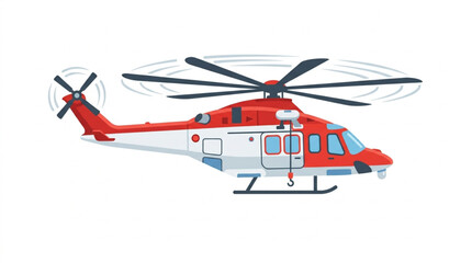 Red and white helicopter in flight with rotors spinning. © Htx