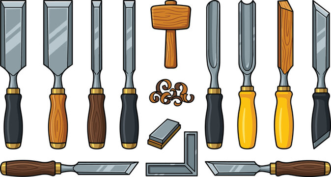 Woodworking Chisel Vector Icon Set with Wooden Mallet Carving Tools Sharpening Stone Wood Shavings and Square Ruler Elements for Carpentry Handyman Designs