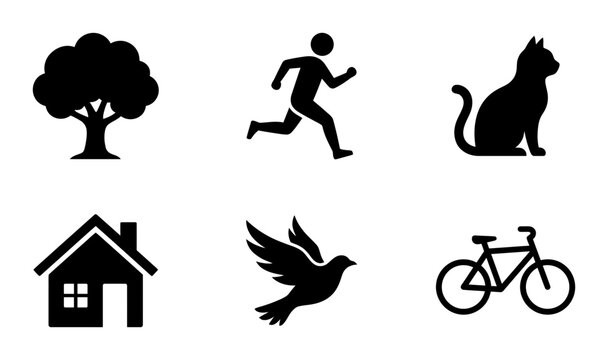 Simple Black Silhouette Icons: Tree, Runner, Cat, House, Bird, Bicycle, Everyday Life Symbols