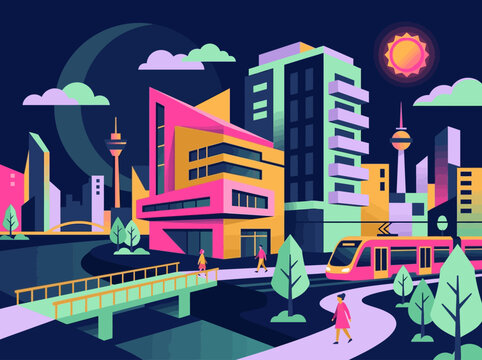 Modern Cityscape Vector Illustration with Colorful Buildings, Tram, and Urban Life at Night
