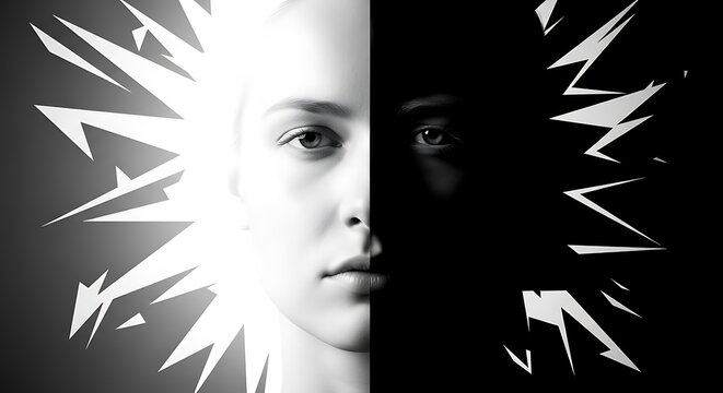 Split personality dichotomy with black and white portrait contrast psychology