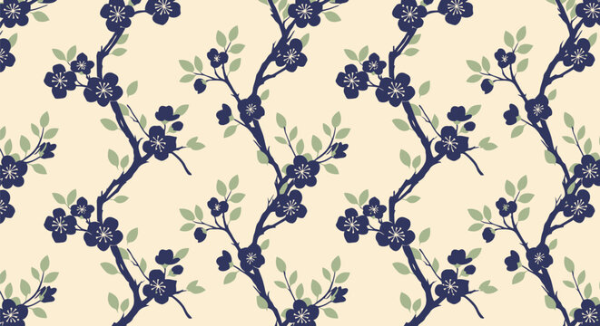 Seamless floral branch pattern with navy blossoms and green leaves on cream background