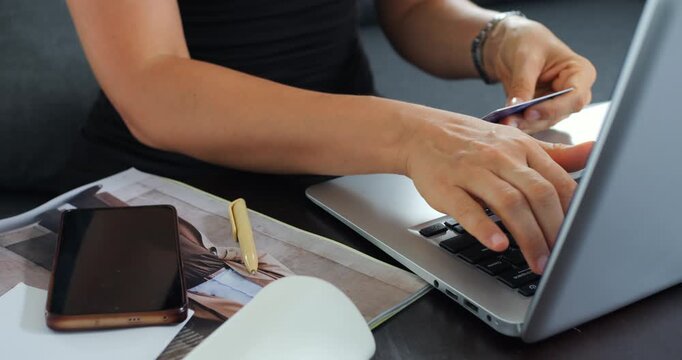 Performing safe electronic payment through mobile and credit card method. Person successfully finalizes protected online purchase employing mobile device and credit card information