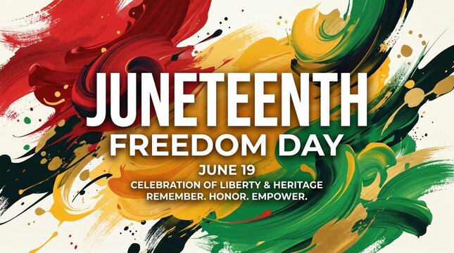 Juneteenth Freedom Day celebration banner, artistic Pan-African colors paint strokes, June 19 holiday background for liberty and heritage