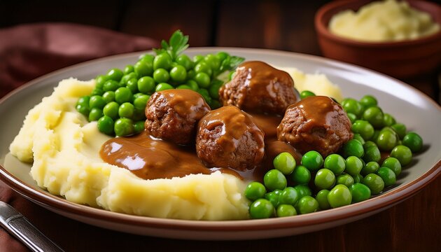 swedish meatballs peas mashed potatoes and gravy generated with ai