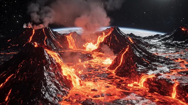 Active volcano landscape with flowing molten red hot lava.