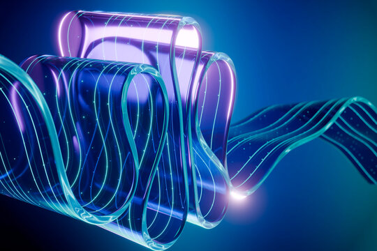 3D neon glass current with cyan signal ribbon waves