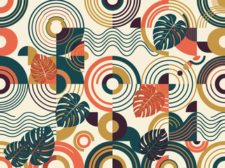 Naklejka premium Modern Geometric Seamless Pattern with Monstera Leaves, Abstract Mid-century Tropical Background for Textile and Wallpaper Design
