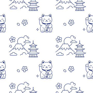 Seamless Japan kawaii pattern with sakura, sushi and lucky cat illustrations. Perfect for fabric, wallpaper and packaging design.