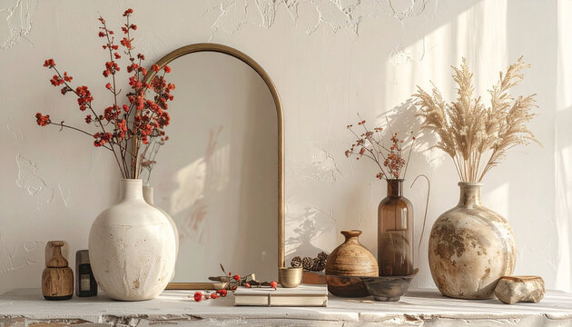 &Eacute;tag&egrave;re d&eacute;cor&eacute;e avec miroir et vases