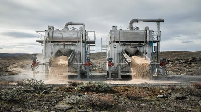 Industrial medium shot capturing dualline modular containerized mixing plants in action highlighting simultaneous fertilizer batches for increased output in isolated locations.
