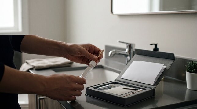 health diagnostics, a bathroom scene with a fecal microbiome test kit on a counter, hands reaching