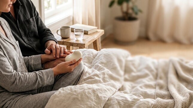 fertility monitoring tools, stylish bedside setup featuring a fertility tracker and intertwined hands at dawn